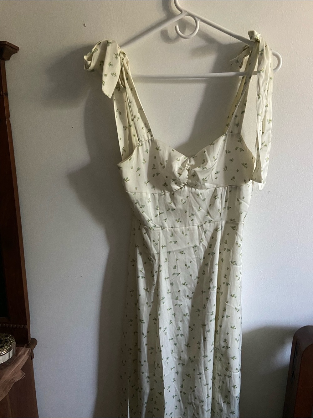 Satin Cream Floral Sundress with Tiny Green Blossom Print